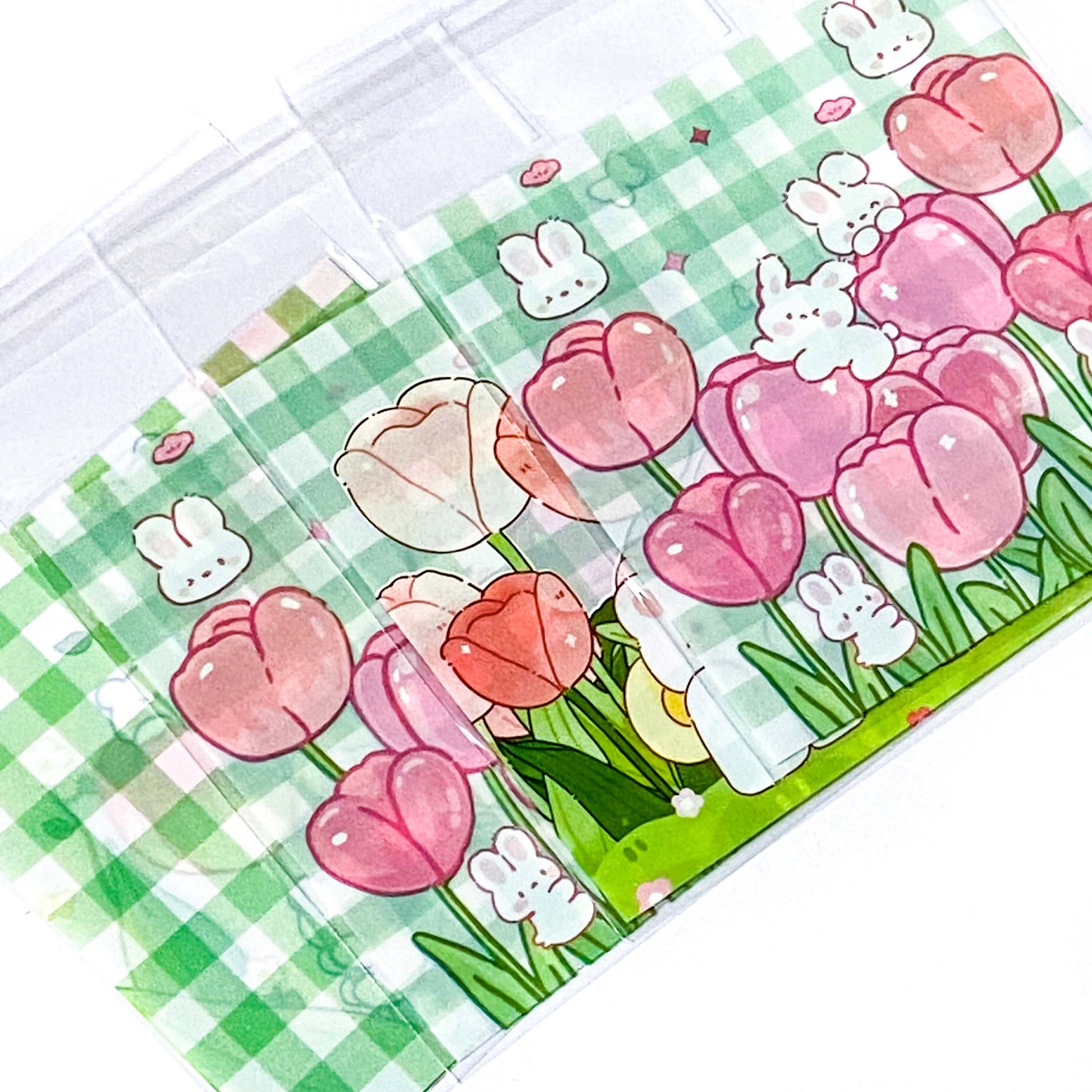 large big cello cellophane bag bags pink and green bunny and bear cute kawaii 10cm 10 cms square uk stationery packaging supplies tulip tulips floral flower flowers white green gingham pattern pretty