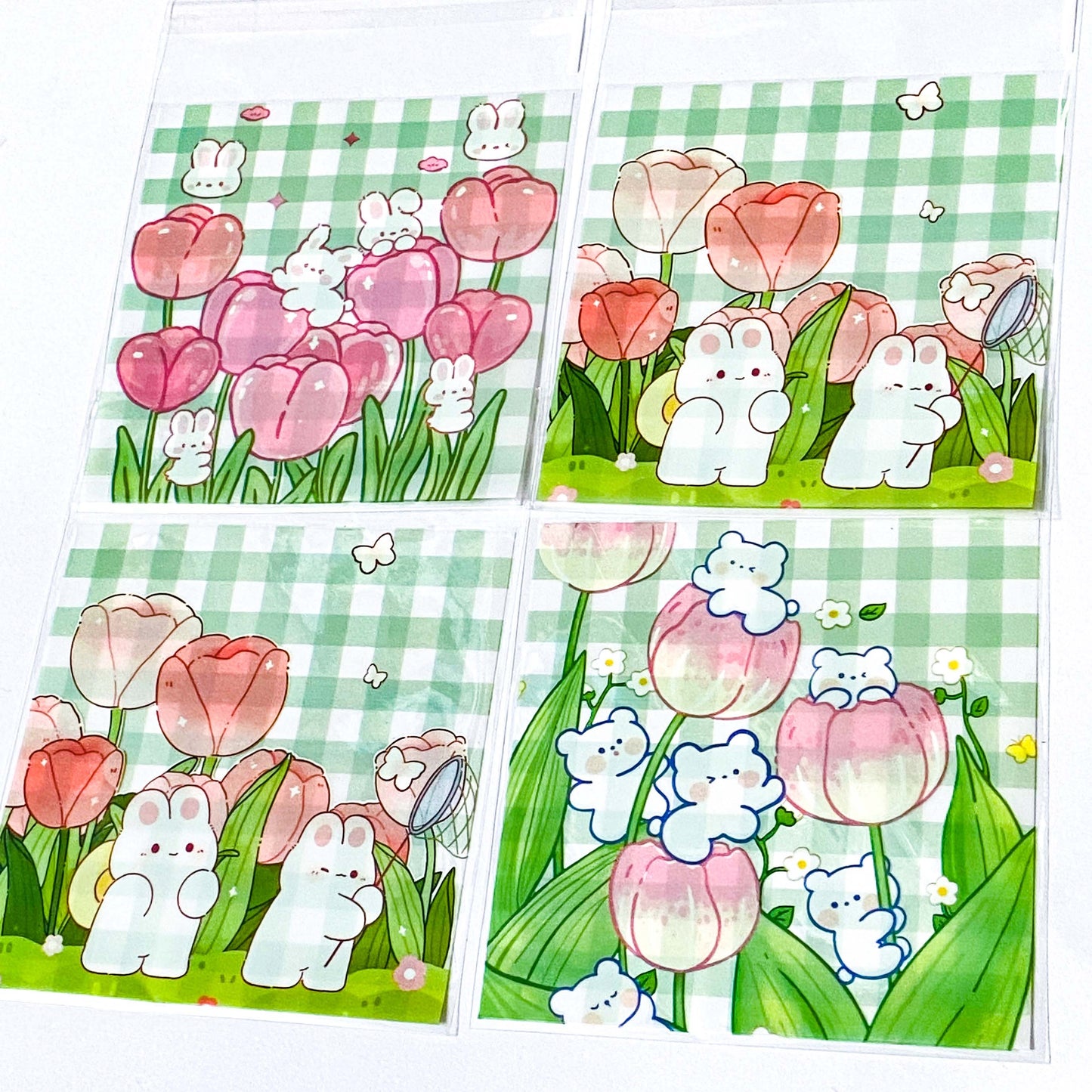 large big cello cellophane bag bags pink and green bunny and bear cute kawaii 10cm 10 cms square uk stationery packaging supplies tulip tulips floral flower flowers white green gingham pattern pretty