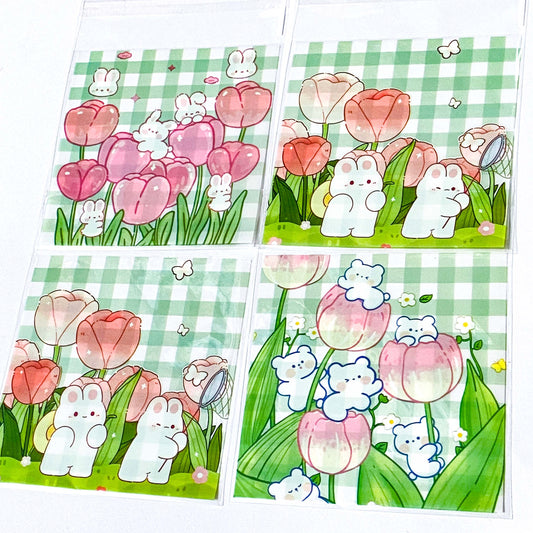 large big cello cellophane bag bags pink and green bunny and bear cute kawaii 10cm 10 cms square uk stationery packaging supplies tulip tulips floral flower flowers white green gingham pattern pretty
