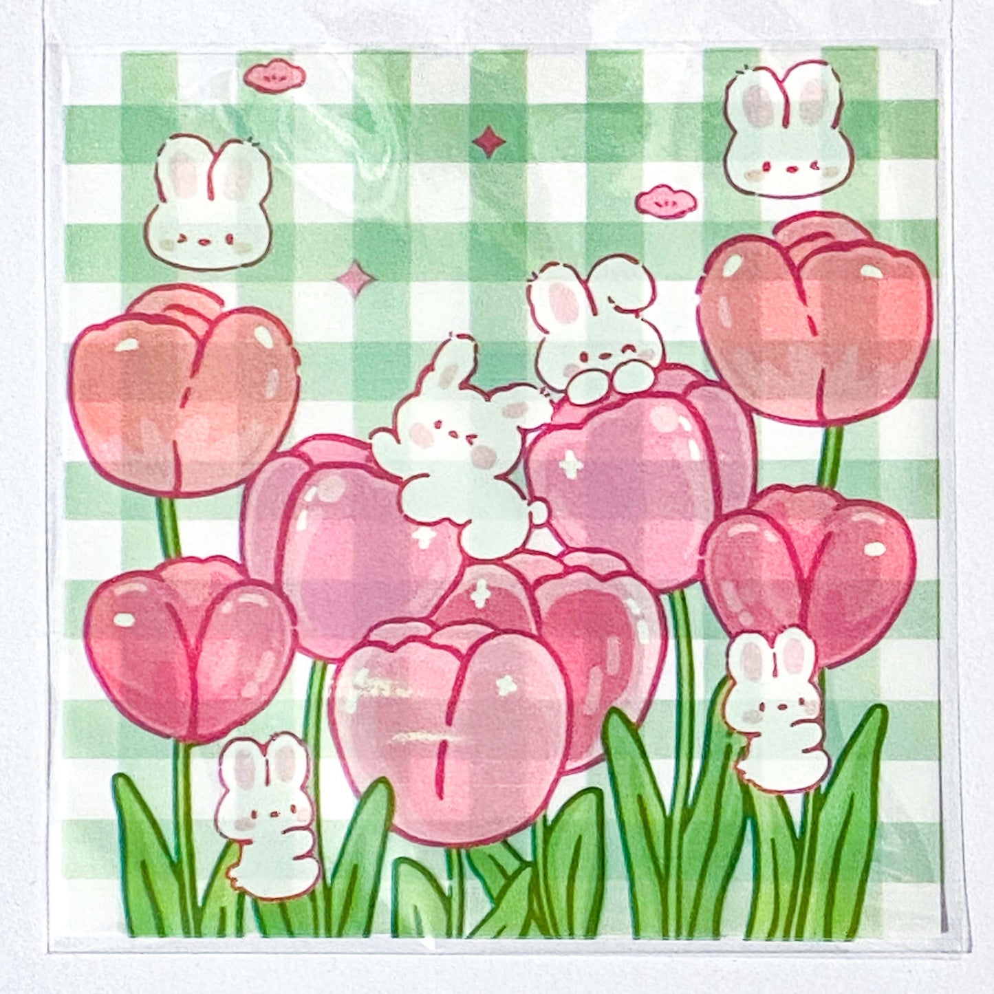 large big cello cellophane bag bags pink and green bunny and bear cute kawaii 10cm 10 cms square uk stationery packaging supplies tulip tulips floral flower flowers white green gingham pattern pretty