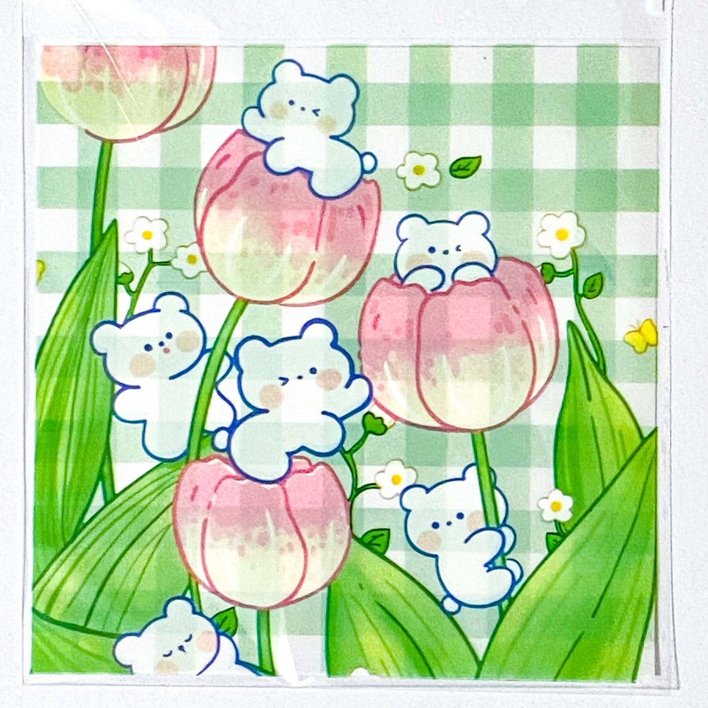 large big cello cellophane bag bags pink and green bunny and bear cute kawaii 10cm 10 cms square uk stationery packaging supplies tulip tulips floral flower flowers white green gingham pattern pretty