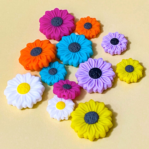 silicone jumbo very large bead beads cute kawaii daisy daisies flower flowers chunky  big 26mm 18mm colourful round yellow white pink magenta teal  turquoise blue orange craft supplies shop store uk jewellery making beaded pens