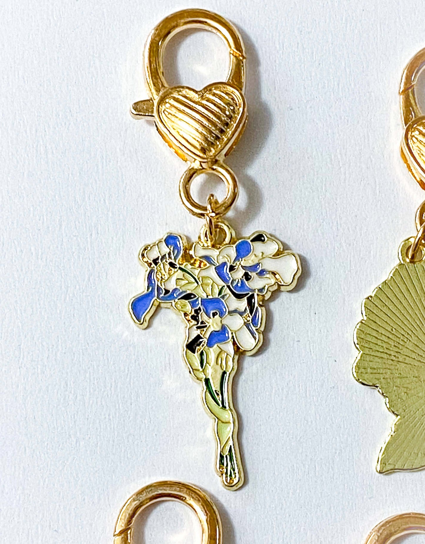 bag charm charms key chain ring keyring keychain gold golden heart flower flowers floral plants pretty garden iris hydrangea sunflower sunflowers lupin pink purple lilac yellow orange blue uk cute kawaii gift gifts shop store planner addict addicts stoking filler fillers