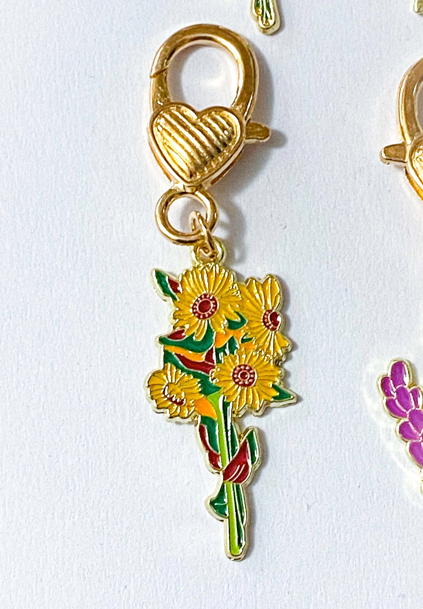 bag charm charms key chain ring keyring keychain gold golden heart flower flowers floral plants pretty garden iris hydrangea sunflower sunflowers lupin pink purple lilac yellow orange blue uk cute kawaii gift gifts shop store planner addict addicts stoking filler fillers