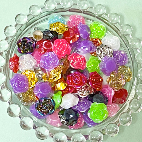 12mm small flower flowers rose roses flatback acrylic resin fbs fb flat back uk cute kawaii pretty craft supplies shop store pearl pearly metallic colourful set of 10 embellishments small