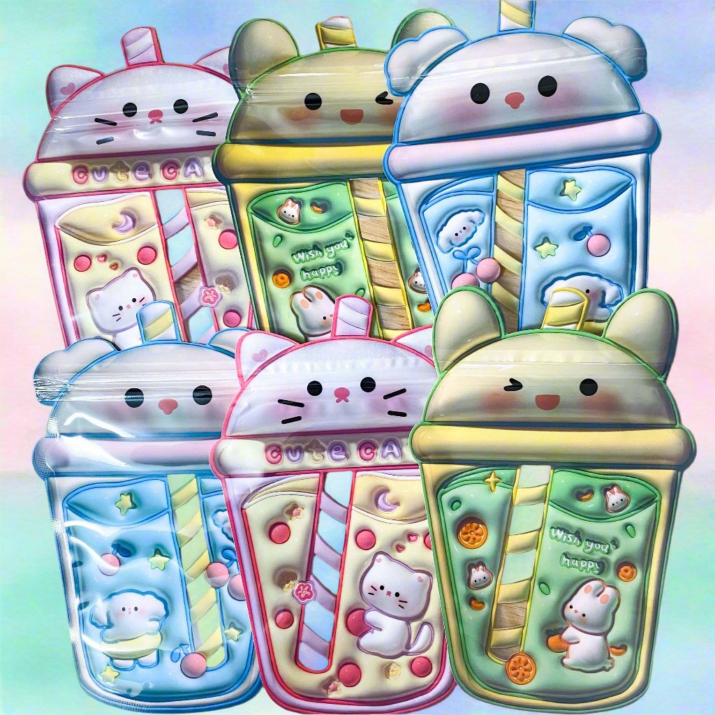 cello plastic bag bags resealable re-sealable zip closure drink drinks cup cups kawaii cute animal straw pink blue yellow green puppy dog bunny rabbit cat kitty uk stationery gift gifts packaging supplies shop store
