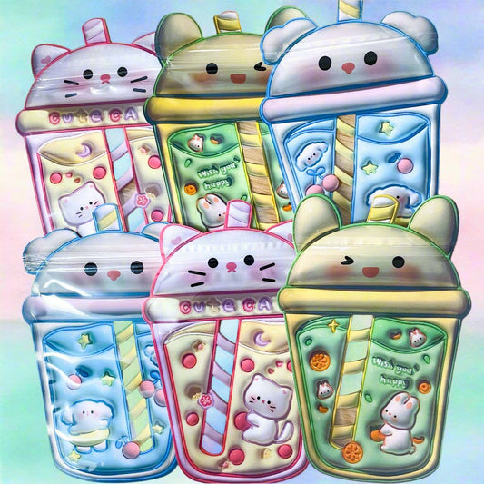 cello plastic bag bags resealable re-sealable zip closure drink drinks cup cups kawaii cute animal straw pink blue yellow green puppy dog bunny rabbit cat kitty uk stationery gift gifts packaging supplies shop store