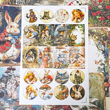 sheet of vintage alice inspired glossy stickers on a background of scrapbook papers with rabbits, mushrooms and forest scenes
