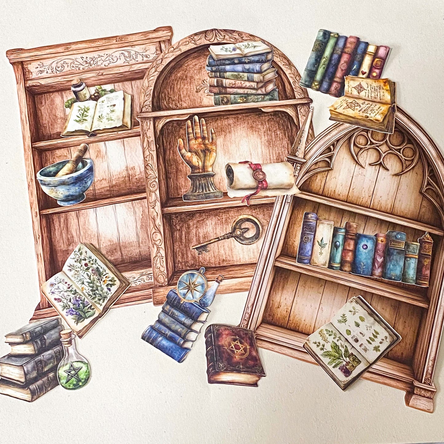 vintage library bookshelf ephemera set with 3 large shelves and paper die cuts of books, key, bottles and pestle and mortar