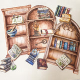 vintage library bookshelf ephemera set with 3 large shelves and paper die cuts of books, key, bottles and pestle and mortar
