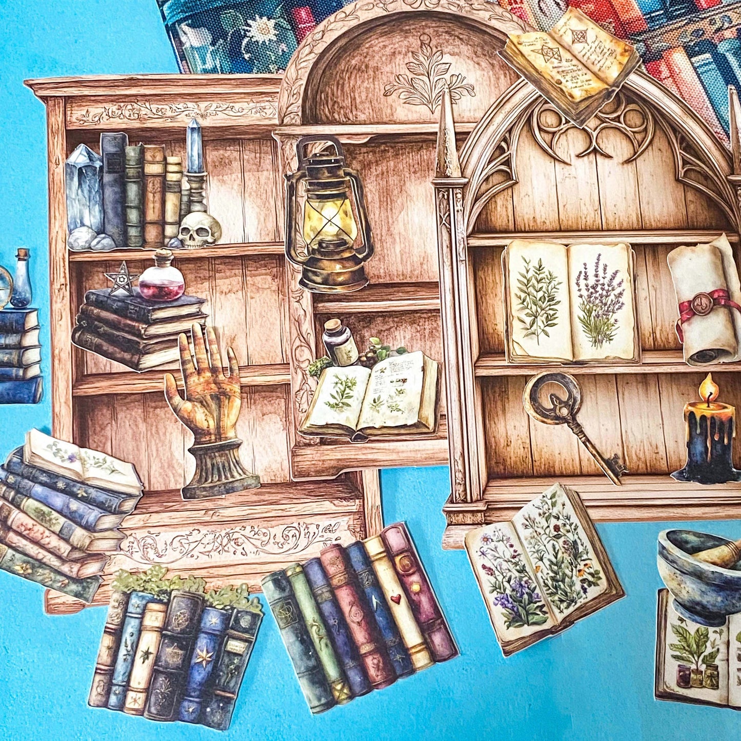 vintage library bookshelf ephemera set with 3 large shelves and paper die cuts of books, key, bottles and pestle and mortar