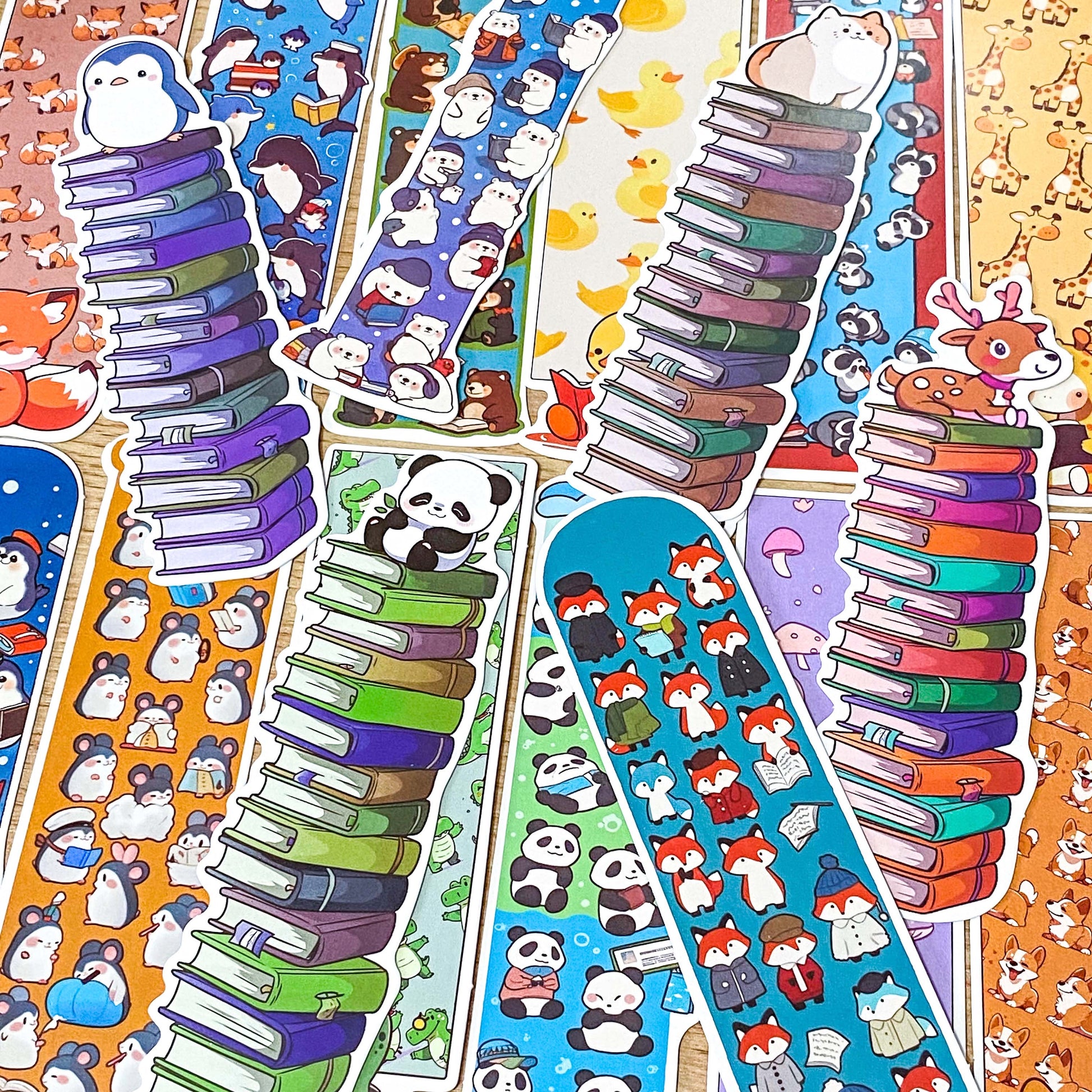 cute kawaii animal animals reading book books bookmark bookmarks card uk stationery shop store panda seal whale cat dog frog giraffe crocodile fox deer penguin bear mouse mushroom colourful tower