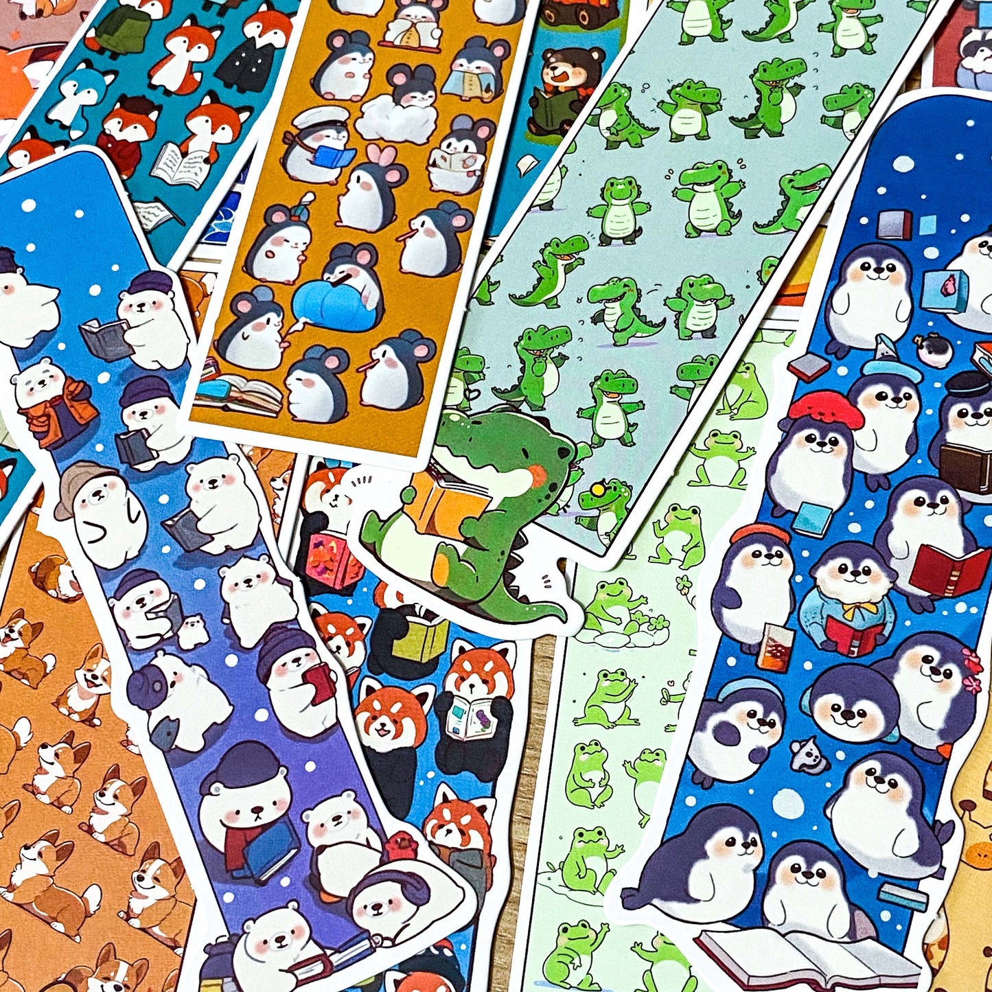 cute kawaii animal animals reading book books bookmark bookmarks card uk stationery shop store panda seal whale cat dog frog giraffe crocodile fox deer penguin bear mouse mushroom colourful tower