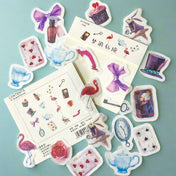 translucent washi paper sticker stickers flake flakes pack of 32 alice in wonderland theme uk cute kawaii stationery shop store gift gifts bow flamingo flamingos playing card cards white rabbit key watch pocket potion bottle drink me eat cake top hat teacup teapot teapot pretty soft colours