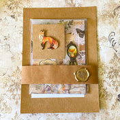 fox woodland letterbox gift set with vintage clear sticker book, botanical stickers, enamel fox pin and antique style fox metal bookmark
