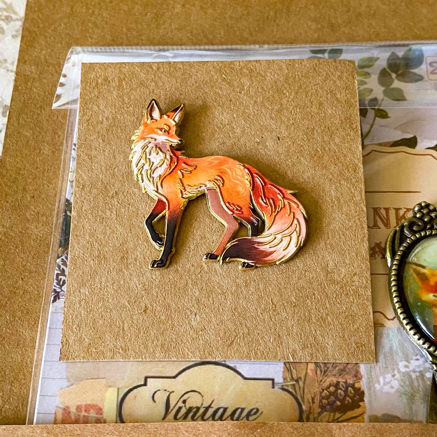 fox woodland letterbox gift set with vintage clear sticker book, botanical stickers, enamel fox pin and antique style fox metal bookmark