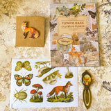 fox woodland letterbox gift set with vintage clear sticker book, botanical stickers, enamel fox pin and antique style fox metal bookmark