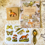 fox woodland letterbox gift set with vintage clear sticker book, botanical stickers, enamel fox pin and antique style fox metal bookmark