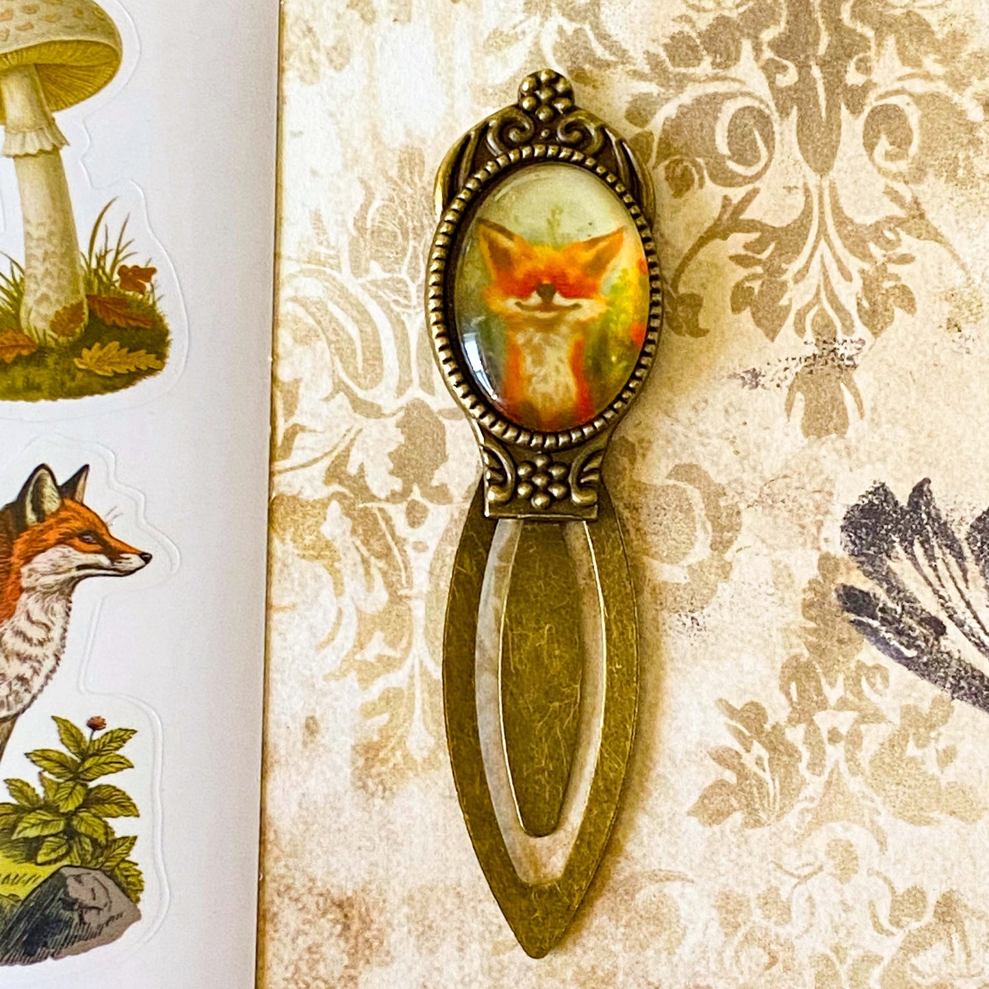 fox woodland letterbox gift set with vintage clear sticker book, botanical stickers, enamel fox pin and antique style fox metal bookmark