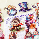 alice in wonderland dream garden clear PET stickers set with 30 large pastel stickers including Alice, White rabbit, Cheshire Cat, cake, top hat, pocket watch and cards