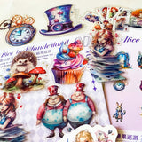 alice in wonderland dream garden clear PET stickers set with 30 large pastel stickers including Alice, White rabbit, Cheshire Cat, Tweedle Dum and Tweedle Dee, pocket watch and cupcake