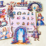 alice in wonderland dream garden clear PET stickers set with 30 large pastel stickers including Alice, White rabbit, Tweedle Dum and Tweedle Dee, playing cards and doorway