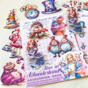 alice in wonderland dream garden clear PET stickers set with 30 large pastel stickers including Alice, White rabbit, Cheshire Cat, Tweedle Dum and Tweedle Dee, teacups and mushrooms.