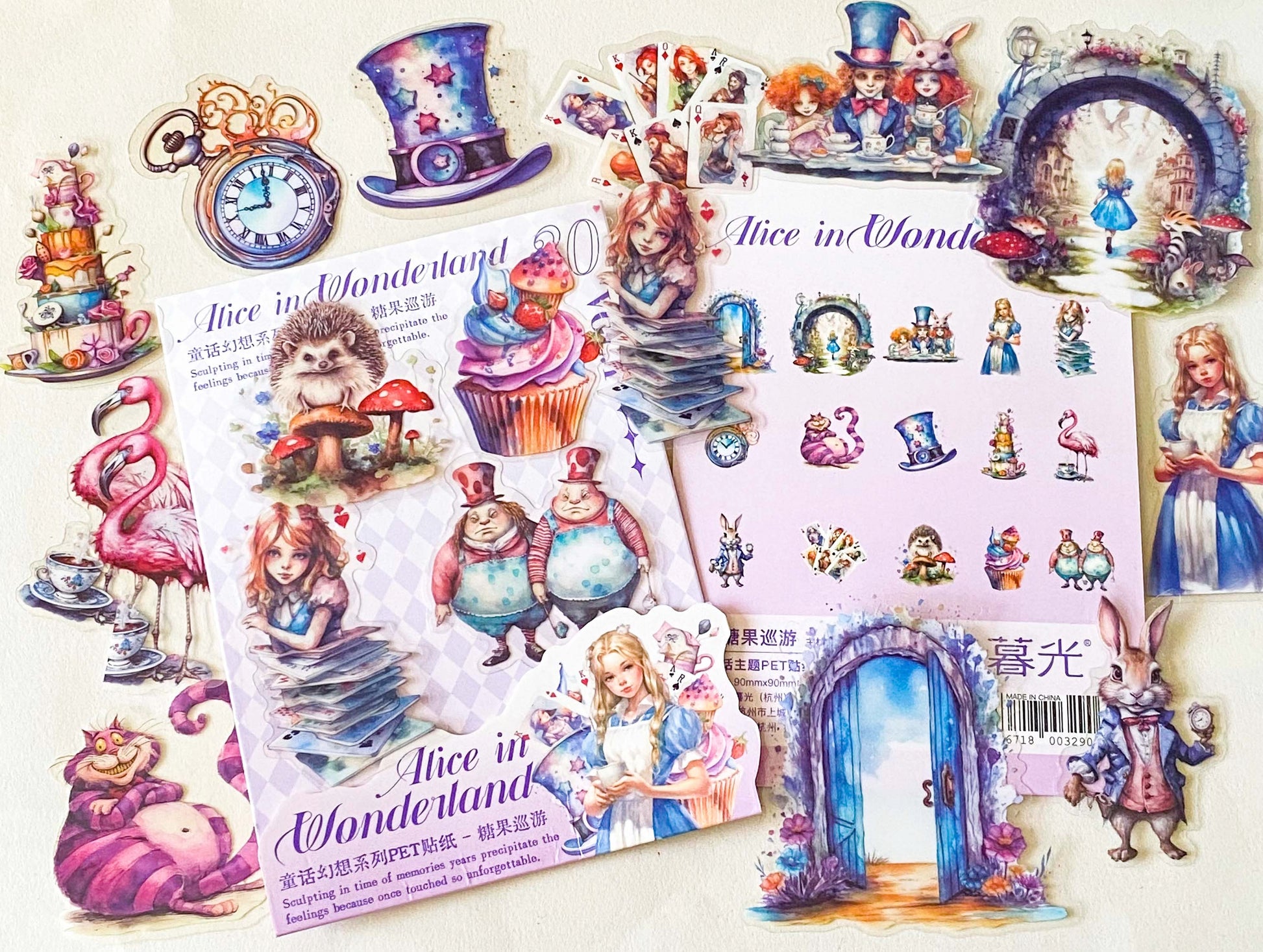 alice in wonderland dream garden clear PET stickers set with 30 large pastel stickers including Alice, White rabbit, Cheshire Cat, Tweedle Dum and Tweedle Dee, mad hatter, teacups and mushrooms