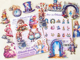 alice in wonderland dream garden clear PET stickers set with 30 large pastel stickers including Alice, White rabbit, Cheshire Cat, Tweedle Dum and Tweedle Dee, mad hatter, teacups and mushrooms