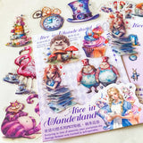 alice in wonderland dream garden clear PET stickers set with 30 large pastel stickers including Alice, White rabbit, Cheshire Cat, Tweedle Dum and Tweedle Dee, teacups and mushrooms.