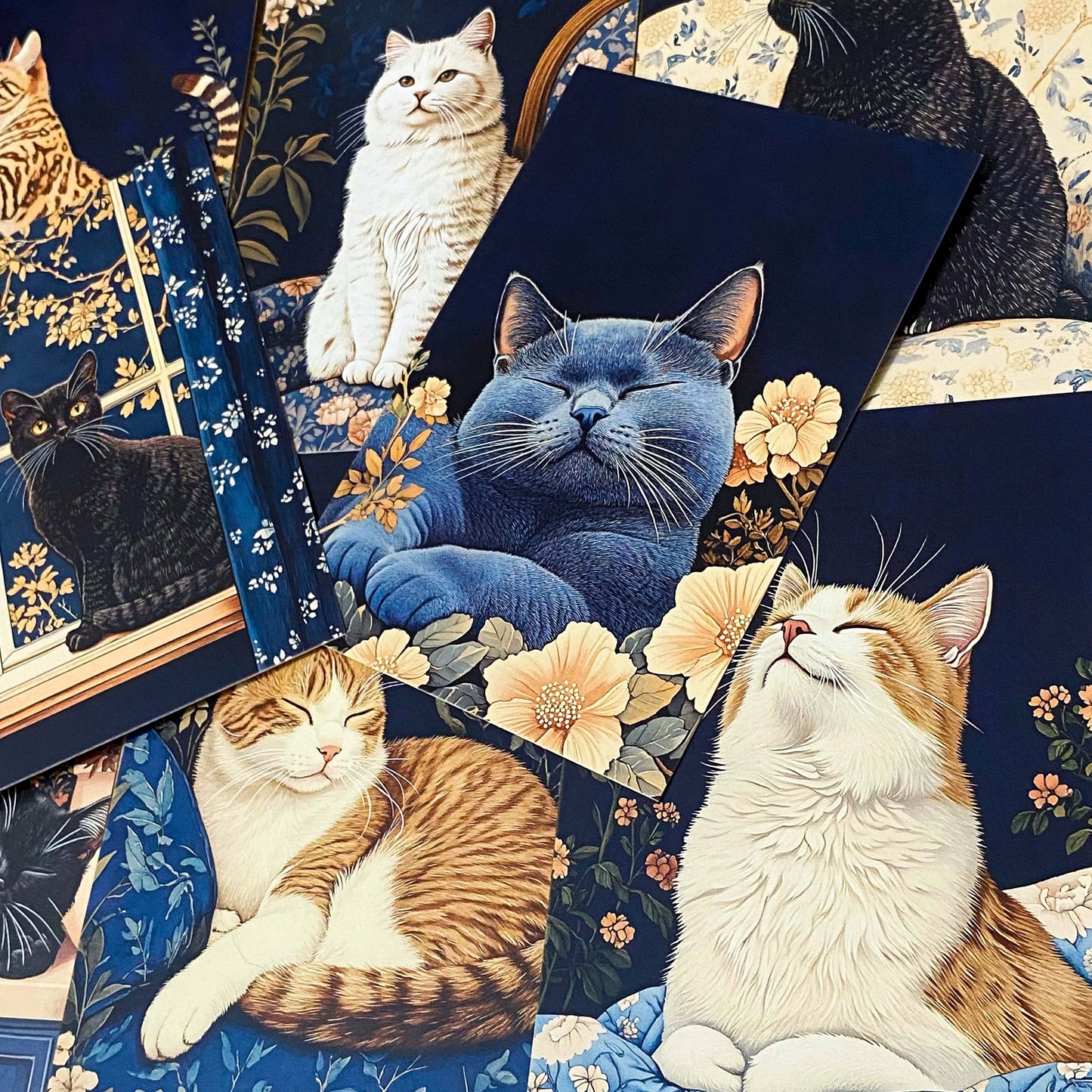 opulent cat cats postcard postcards post card cards blank uk cute kawaii colourful kitten kitty floral flowers flower individual blue peach cream orange black 