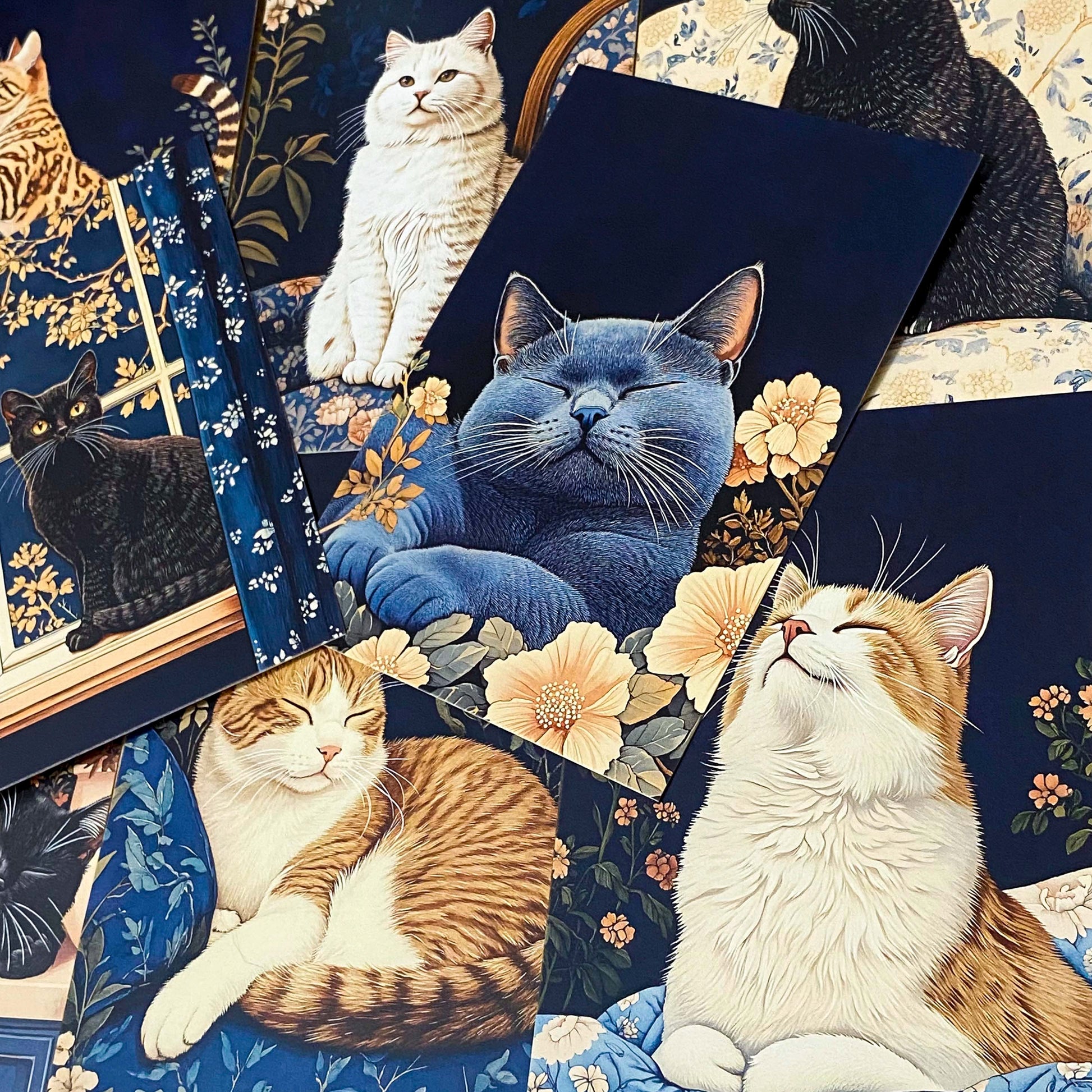 opulent cat cats postcard postcards post card cards blank uk cute kawaii colourful kitten kitty floral flowers flower individual blue peach cream orange black 