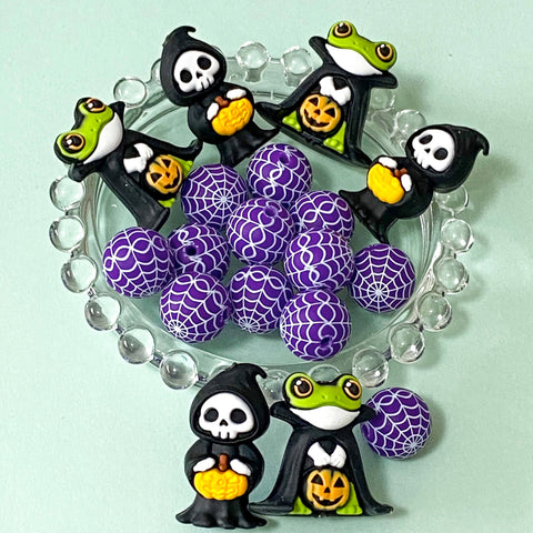 spooky dracula death frog grim reaper silicone bead beads jumbo big large chunky black green pumpkin pumpkins beaded pens pen make your own jewellery spider spiders web webs cobweb purple lack cute kawaii craft supplies shop store