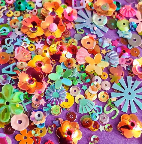 vibrant iridescent sequin sequins bundle set bag mix mixed colourful iridescent flower flowers stars heart hearts shell shells round pretty uk ute kawaii craft supplies shop store