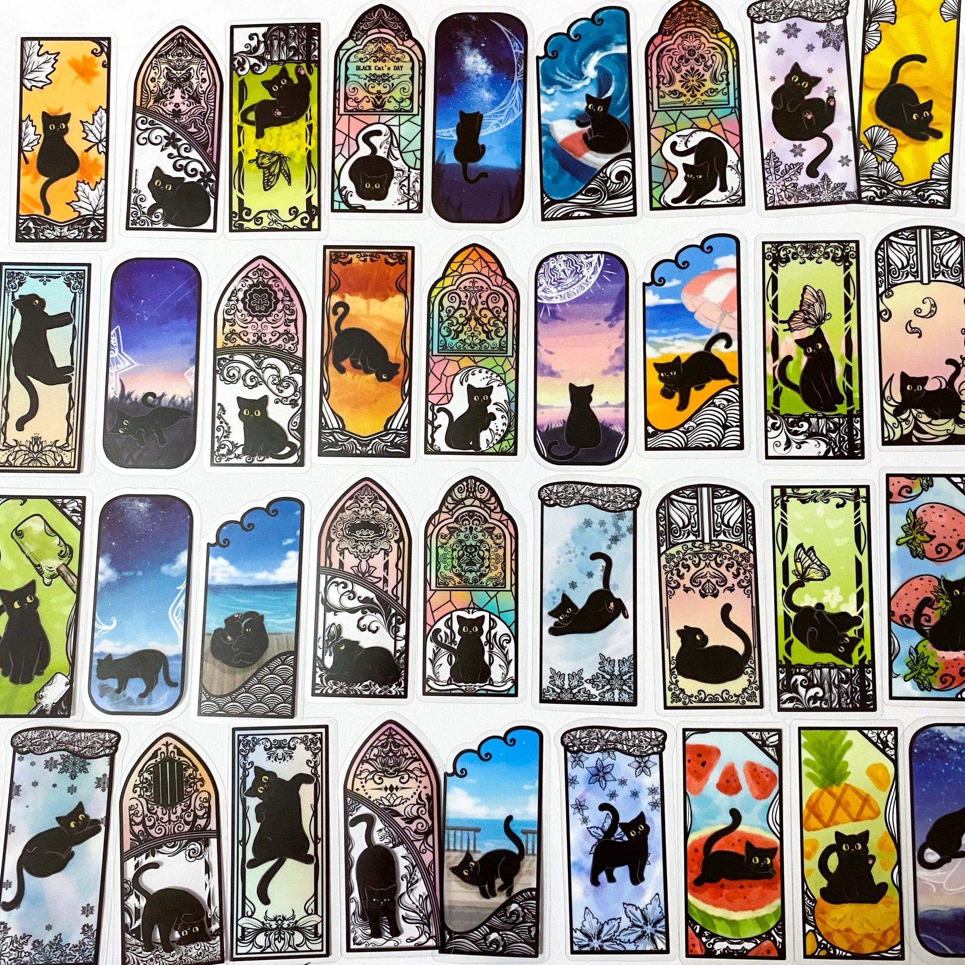 black cat cats stained glass window windows clear plastic pet sticker stickers laptop stationery pack set cute kawaii uk planner addict pretty kitty kittens rainbow colours