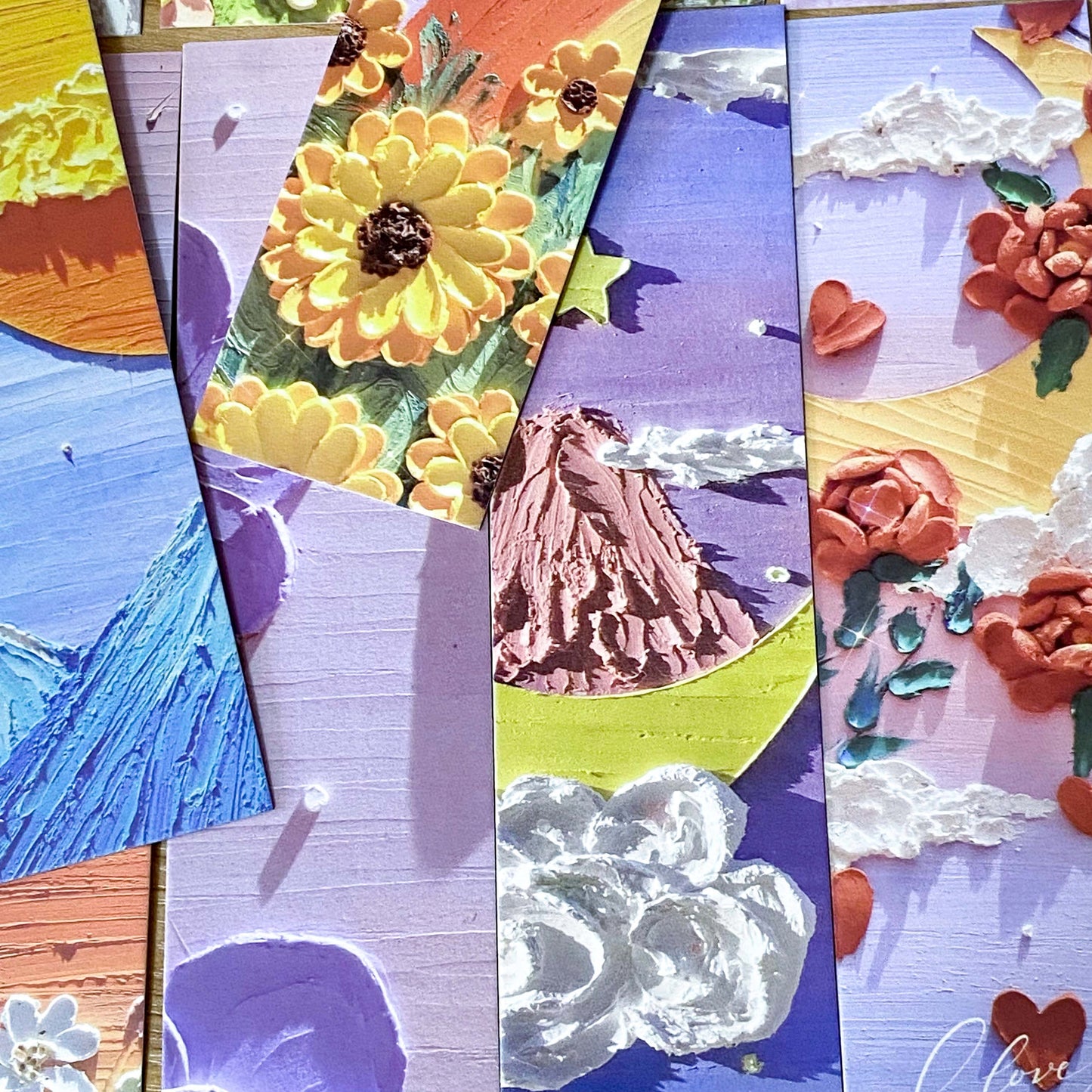3d oil painting art card bookmark bookmarks book mark marks uk cute kawaii picture textured pretty landscape flower floral set pack slim mountain sky ocean sun moon
