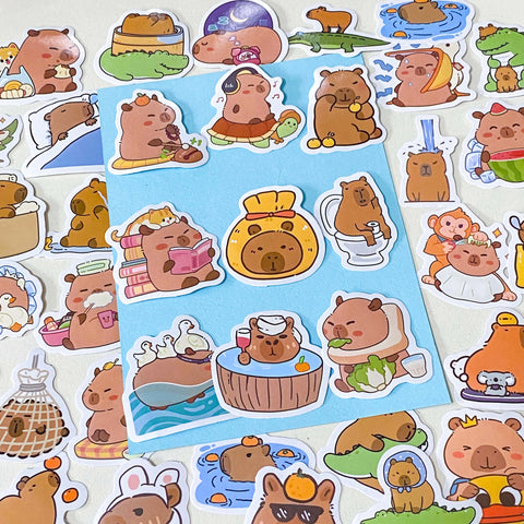 set of 60 small cute capybara stickers 40mm kawaii animal laptop stickers brown pastel aesthetic