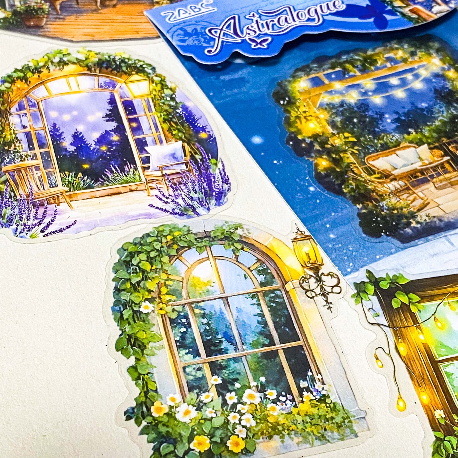 midnight window stickers glowing cosy room sticker pack night garden windows aesthetic clear journaling stickers magical night scenes