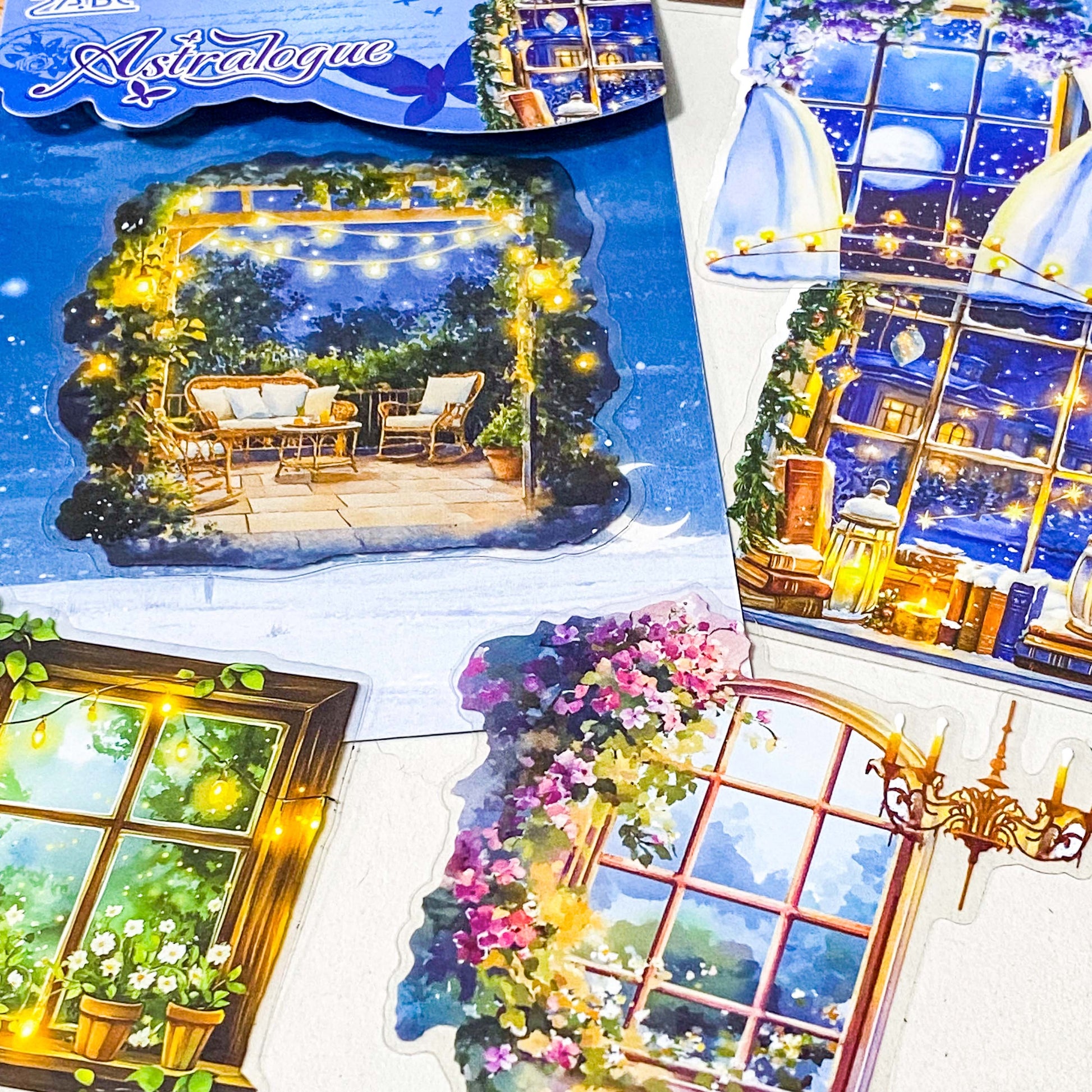midnight window stickers glowing cosy room sticker pack night garden windows aesthetic clear journaling stickers magical night scenes