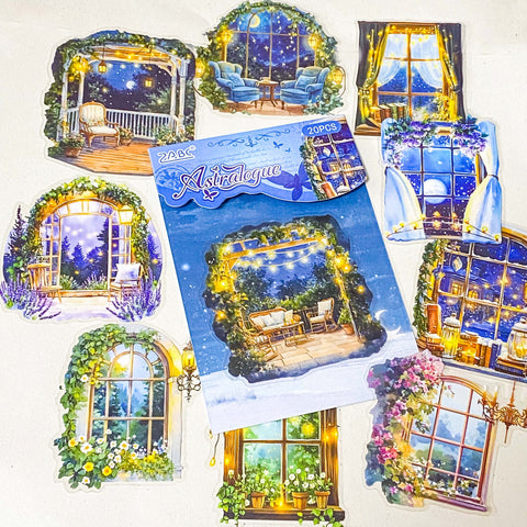 midnight window stickers glowing cosy room sticker pack night garden windows aesthetic clear journaling stickers magical night scenes