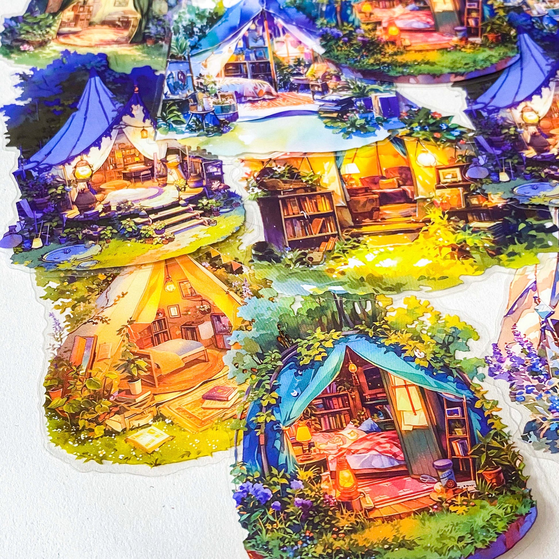 cosy tent stickers night camping sticker clear journaling stickers woodland cosy stationery hidden worlds series large 75mm