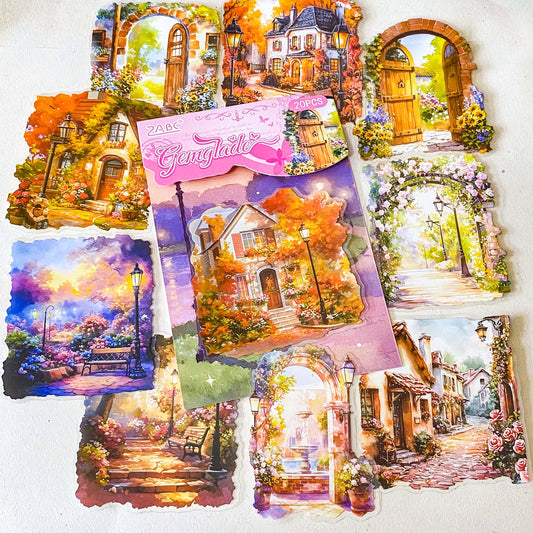 large clear cottagecore stickers featuring rose garden villages, floral archways and cosy european houses, hidden worlds aesthetic journaling stickers