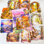 large clear cottagecore stickers featuring rose garden villages, floral archways and cosy european houses, hidden worlds aesthetic journaling stickers