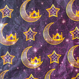 tissue paper with a Pattern of gold crescent moons, stars, and domed palace buildings on a purple background
