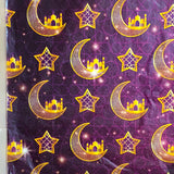 tissue paper with Pattern of gold crescent moons, stars, and palace domes on a deep plum purple background