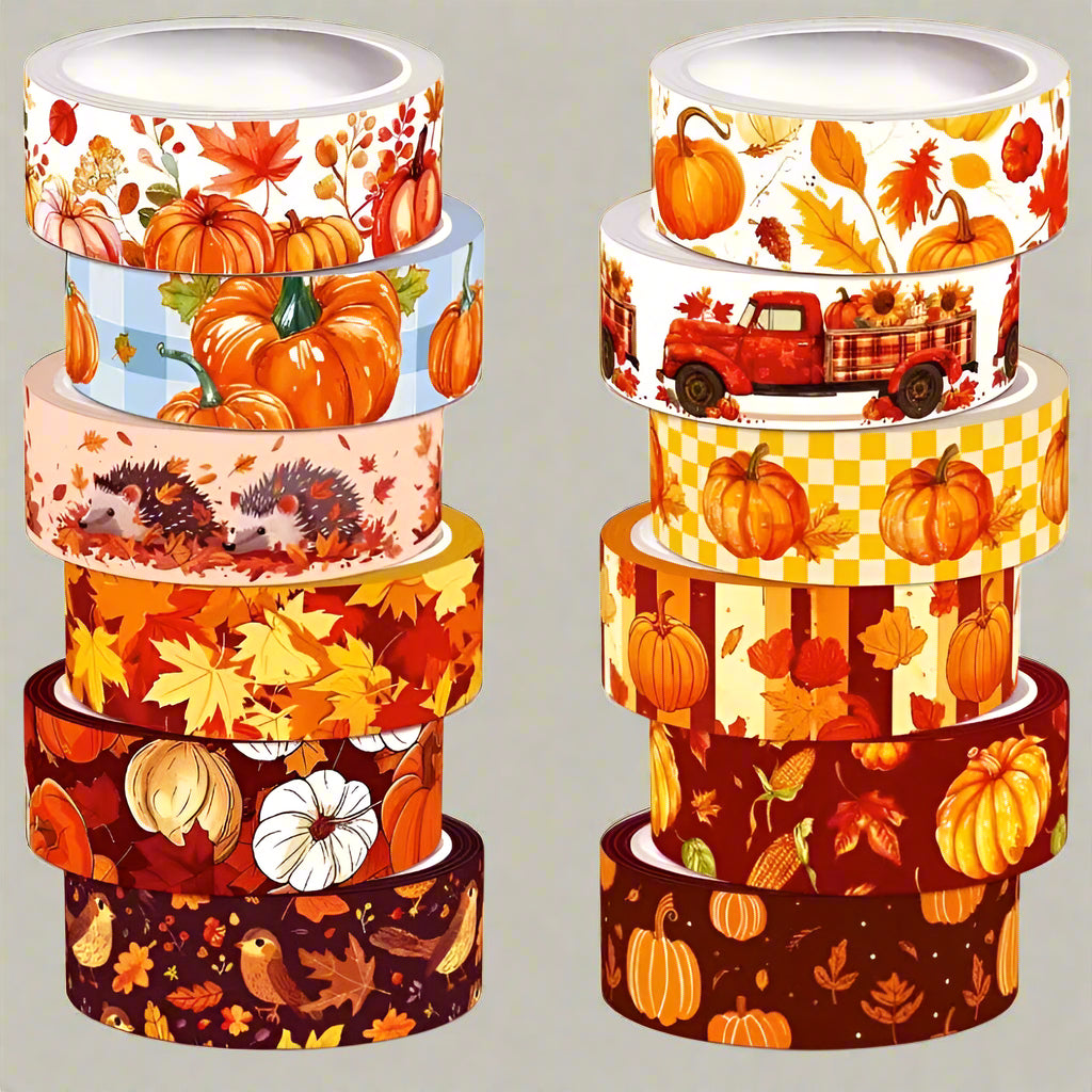 autumn washi tape tapes 3m roll rolls leaf leaves pumpkin pumpkins hedgehogs foliage orange brown yellow pink red dark pretty bargain stationery shop store planner supplies addicts cute kawaii uk