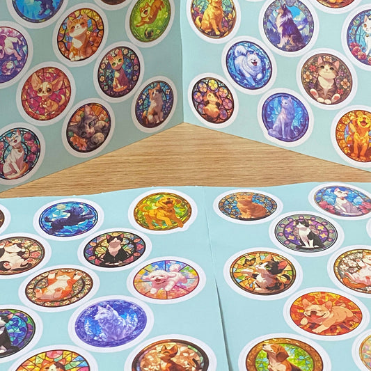 cat and dog cats dogs puppy kitty kittens puppies 32mm round circular stickers sheet sheets stained glass window windows colourful bright uk cute kawaii stationery packaging supplies shops store