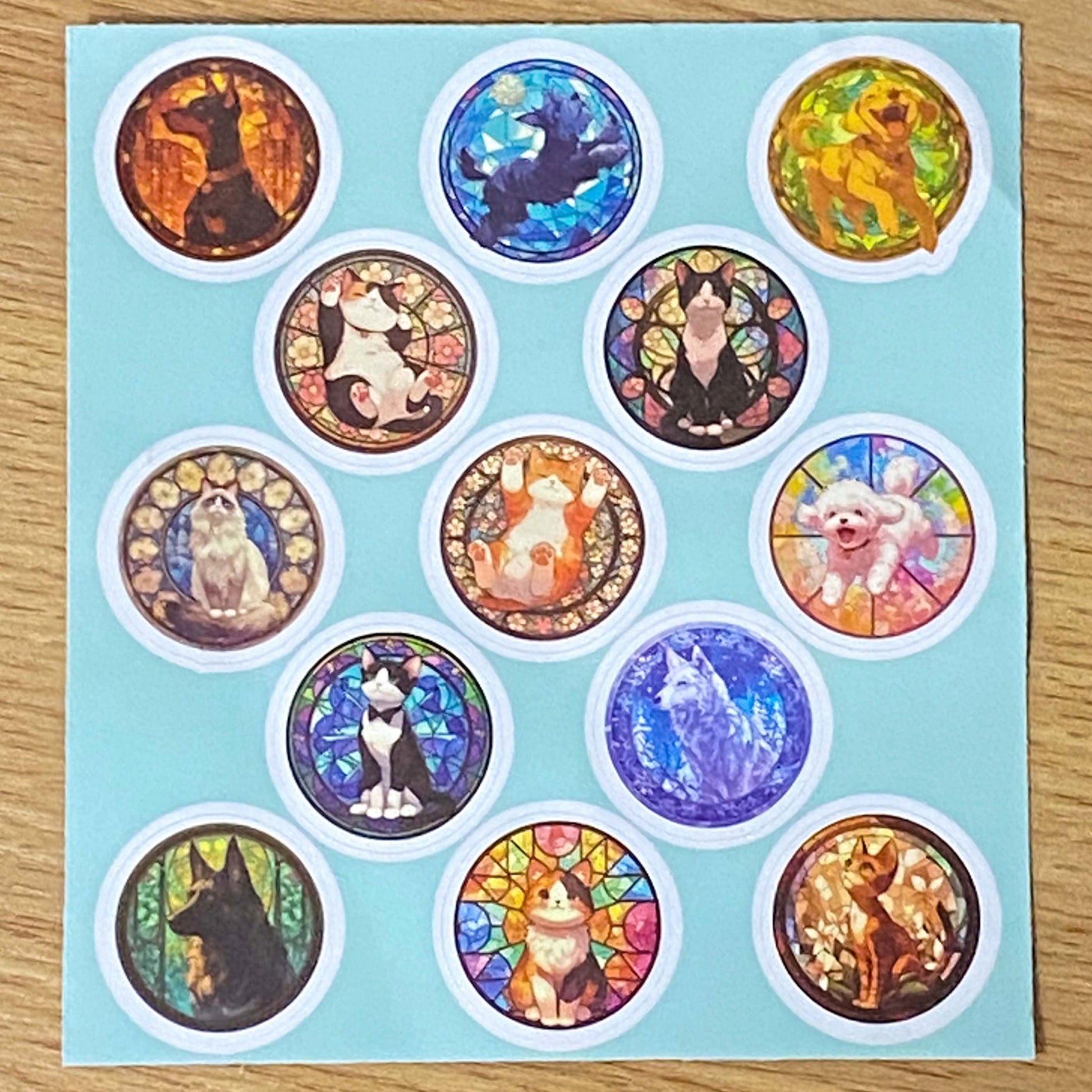 cat and dog cats dogs puppy kitty kittens puppies 32mm round circular stickers sheet sheets stained glass window windows colourful bright uk cute kawaii stationery packaging supplies shops store