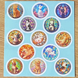 cat and dog cats dogs puppy kitty kittens puppies 32mm round circular stickers sheet sheets stained glass window windows colourful bright uk cute kawaii stationery packaging supplies shops store