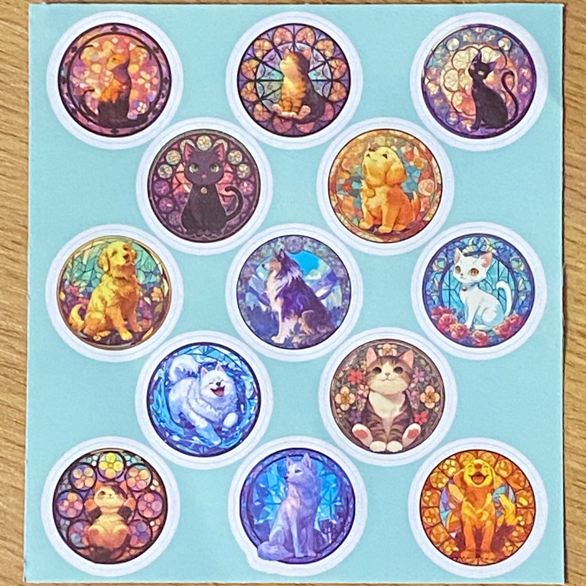 cat and dog cats dogs puppy kitty kittens puppies 32mm round circular stickers sheet sheets stained glass window windows colourful bright uk cute kawaii stationery packaging supplies shops store